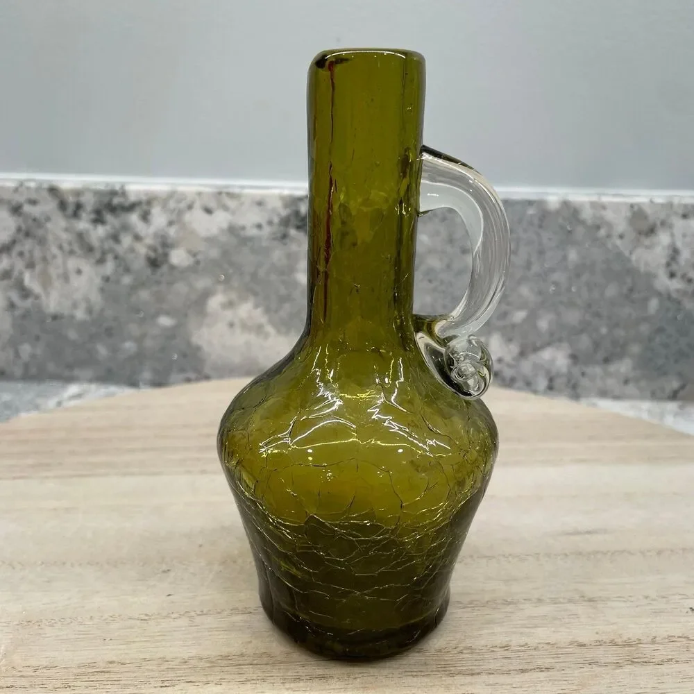 Vintage Pilgrim Olive Green Crackle Glass Mini Pitcher MCM Hand Blown 5.25